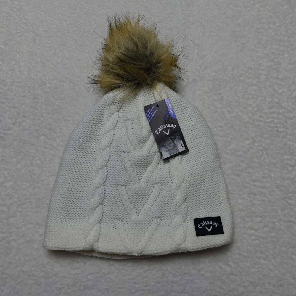 Callaway Pom Pom Beanie Womens OSFM Cream Cable Knit Fleece Lined New